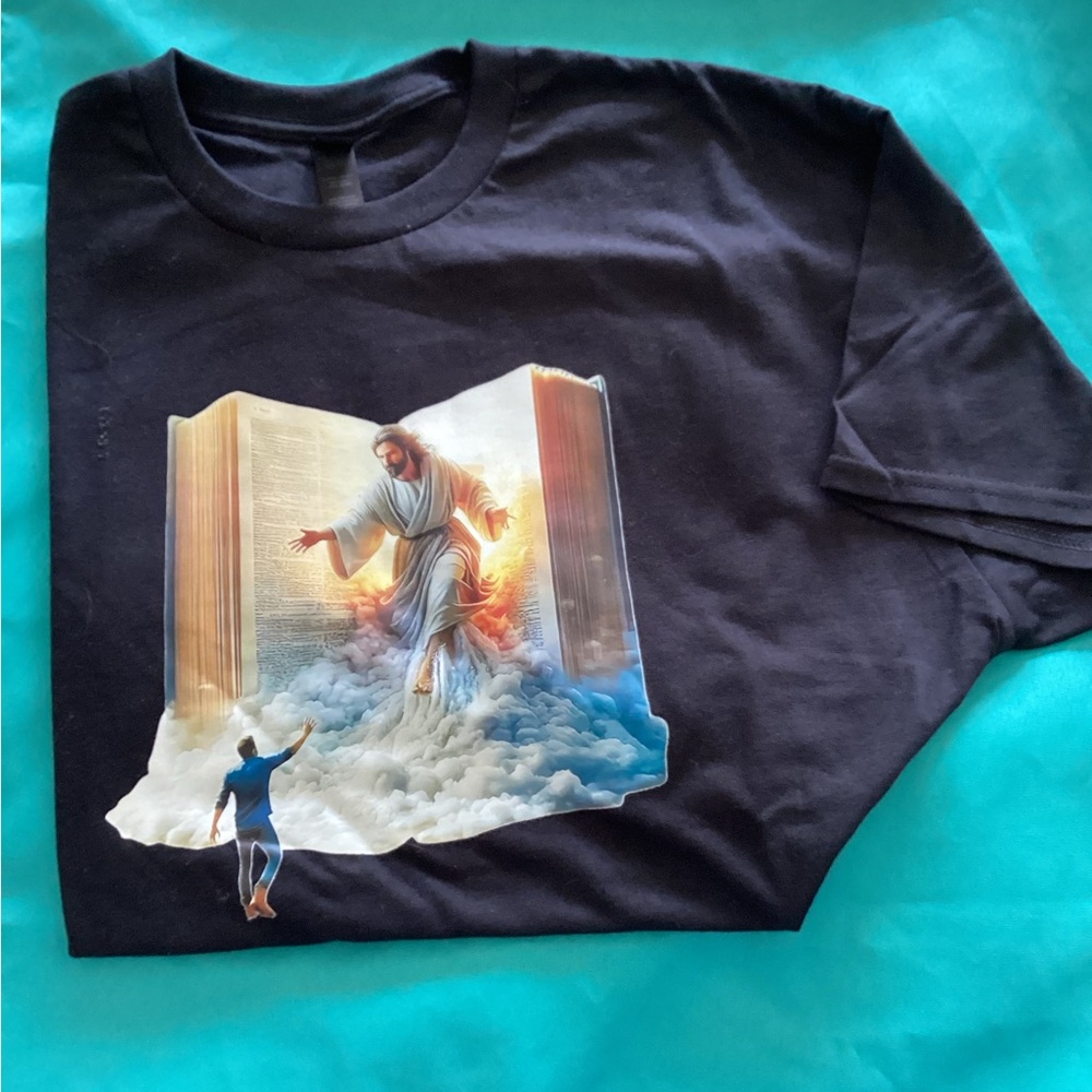 Black T-Shirt with Religious Graphic